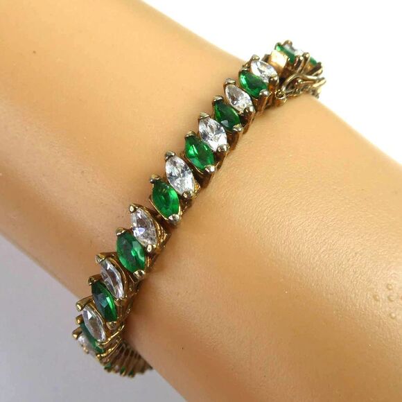 Edco Vintage Green White Rhinestone Tennis Bracelet W/ Safety Chain Gold Sparkly - Picture 1 of 8